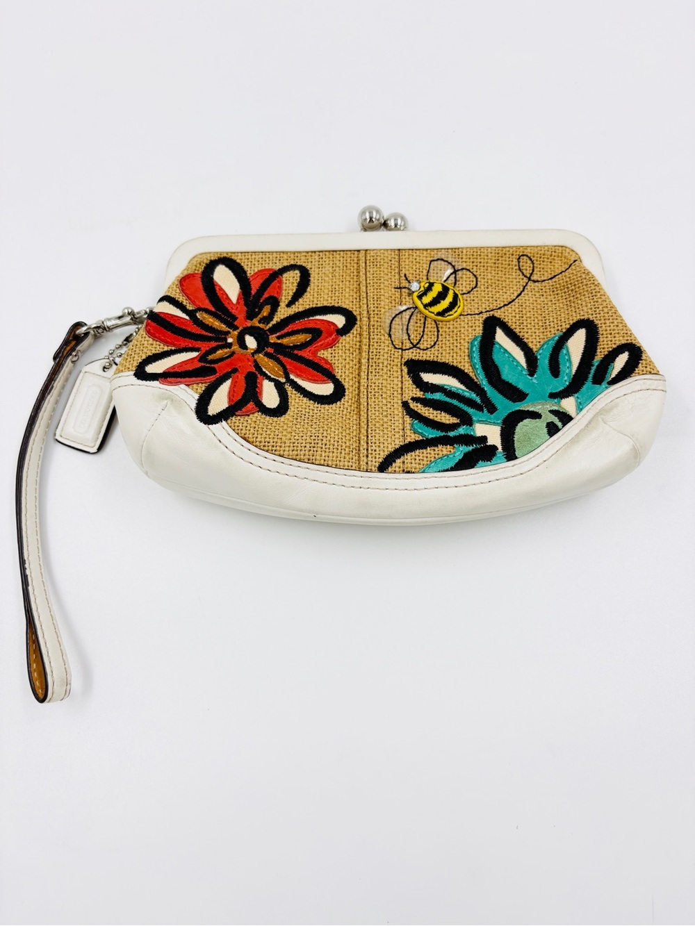 VTG Y2K Coach Bumble Bee Floral Kisslock Clutch Pouch Embroidered Straw Leather